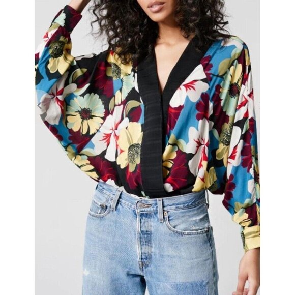 Smythe Blocked Floral Multicolor Blocked Kimono Blouse - Size M - Picture 2 of 8
